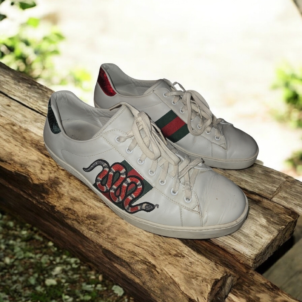 Gucci White Sneakers with Red and Green Snake Motif